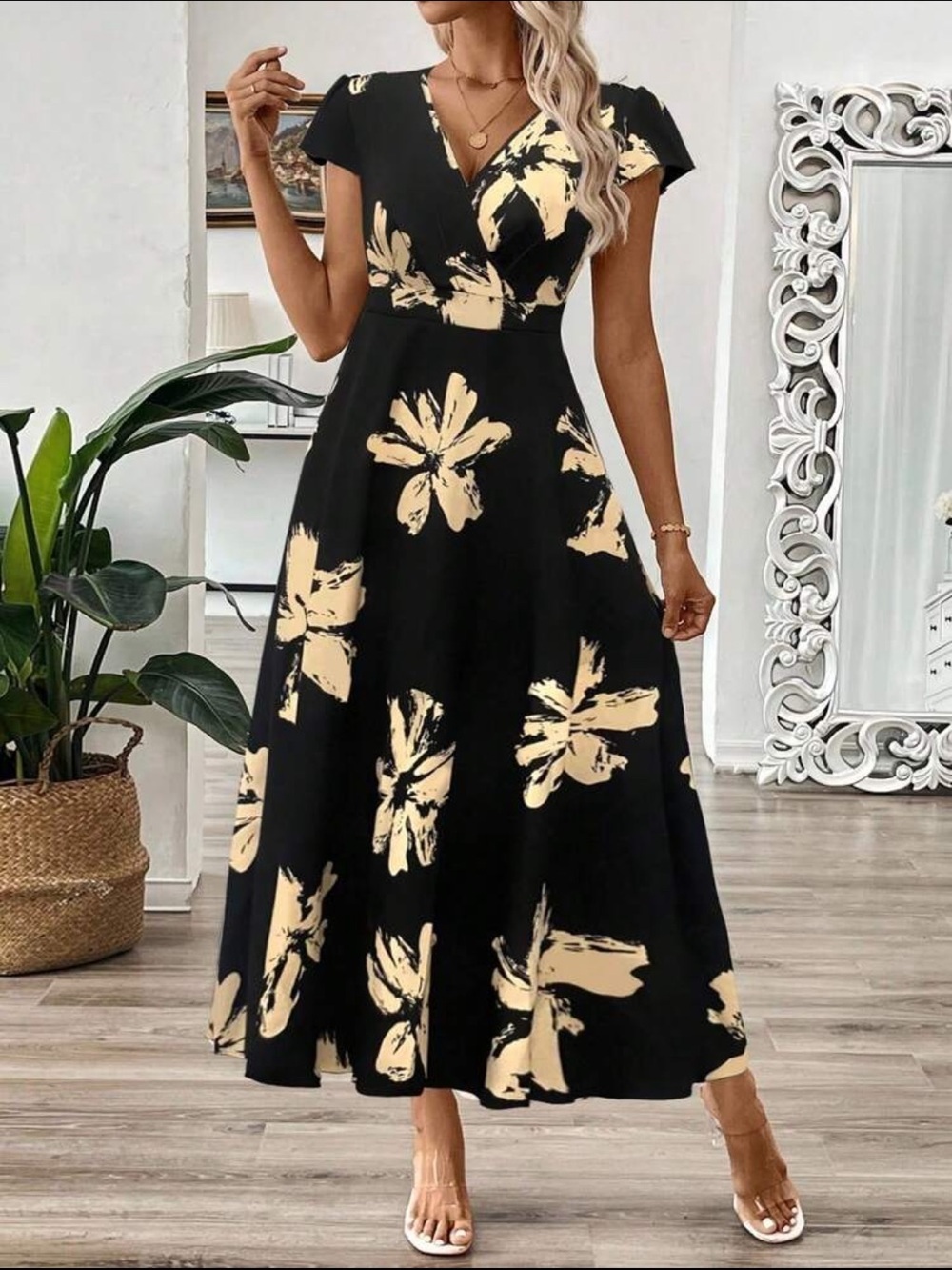 NTW SHEIN Clasi V-Neck Leaf Floral Print A-Line Waist Fit Dress, Size L (8/10)